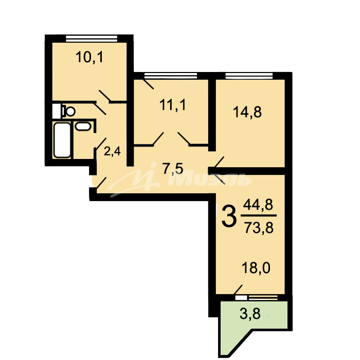 3-комнатная квартира, 74.6 м2