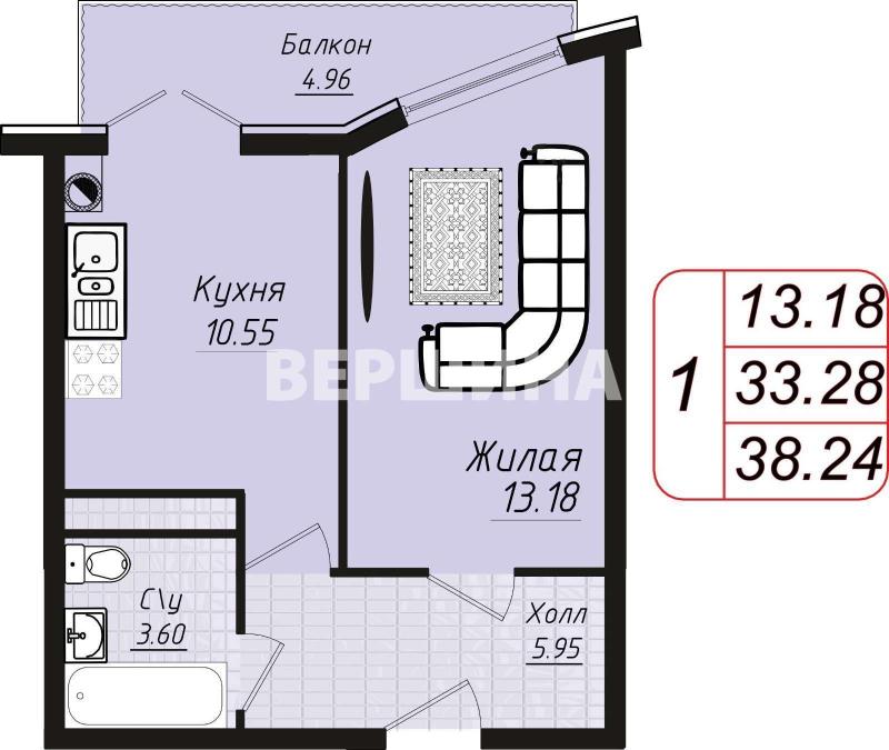 1-комнатная квартира, 38.2 м2