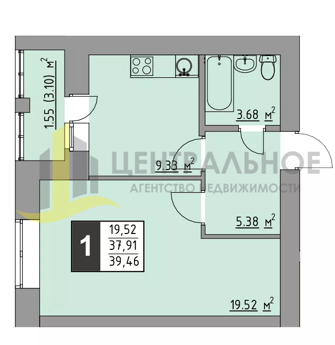 1-комнатная квартира, 39.56 м2