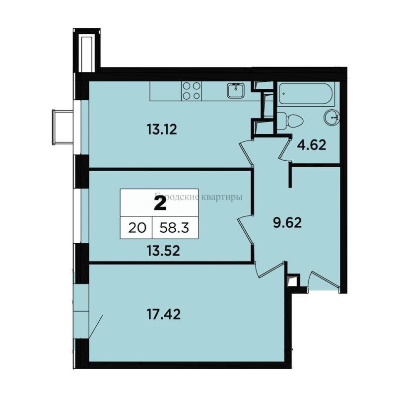 2-комнатная квартира, 57.5 м2