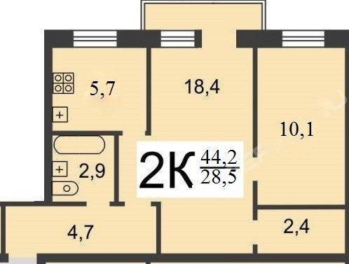 2-комнатная квартира, 44.2 м2