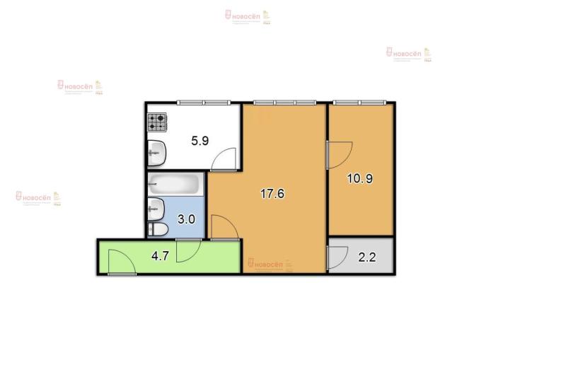 2-комнатная квартира, 44.3 м2