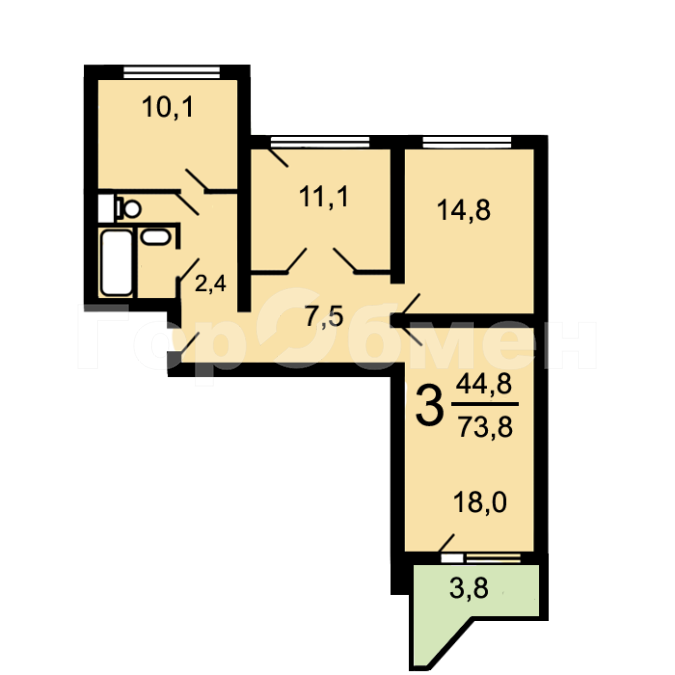 3-комнатная квартира, 73.8 м2