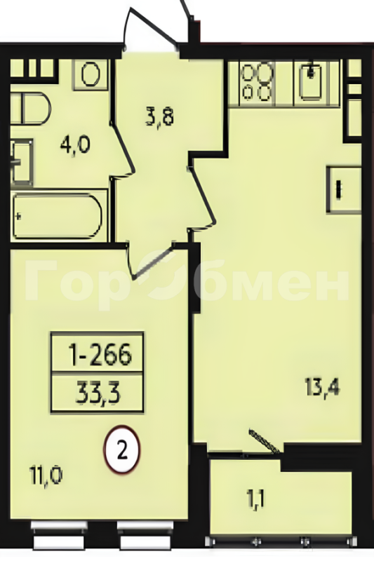 1-комнатная квартира, 33.3 м2