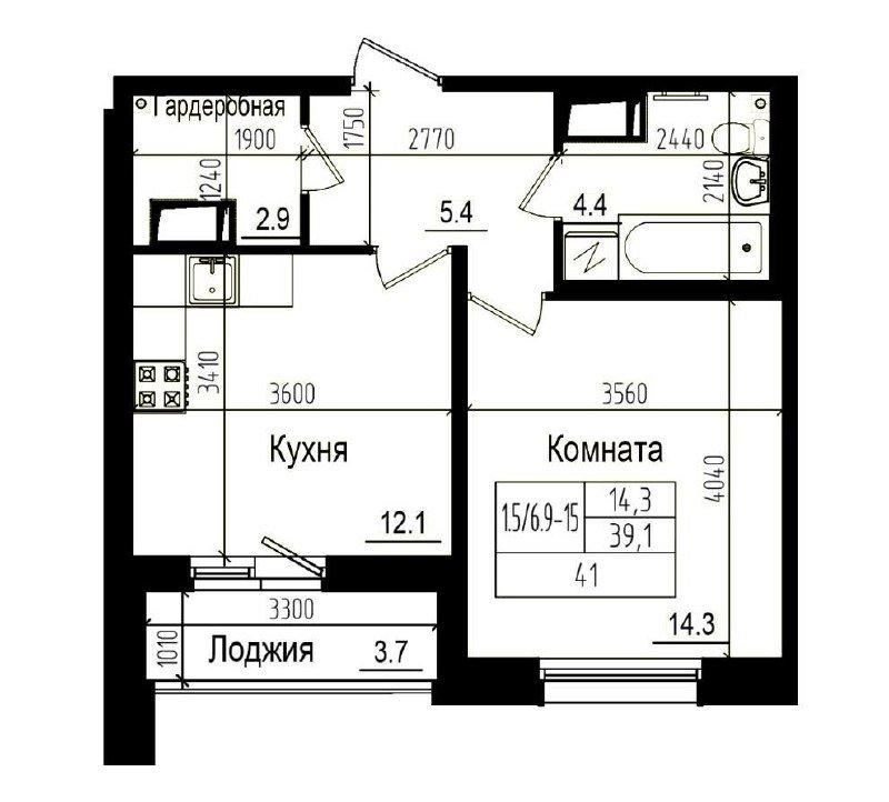 1-комнатная квартира, 39.1 м2