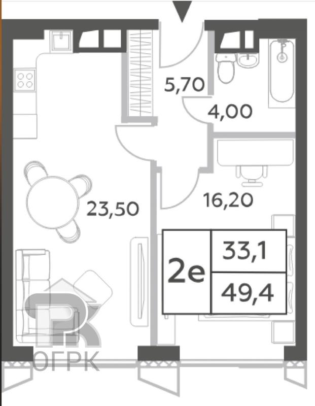 2-комнатная квартира, 49.4 м2