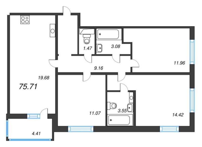 3-комнатная квартира, 79 м2