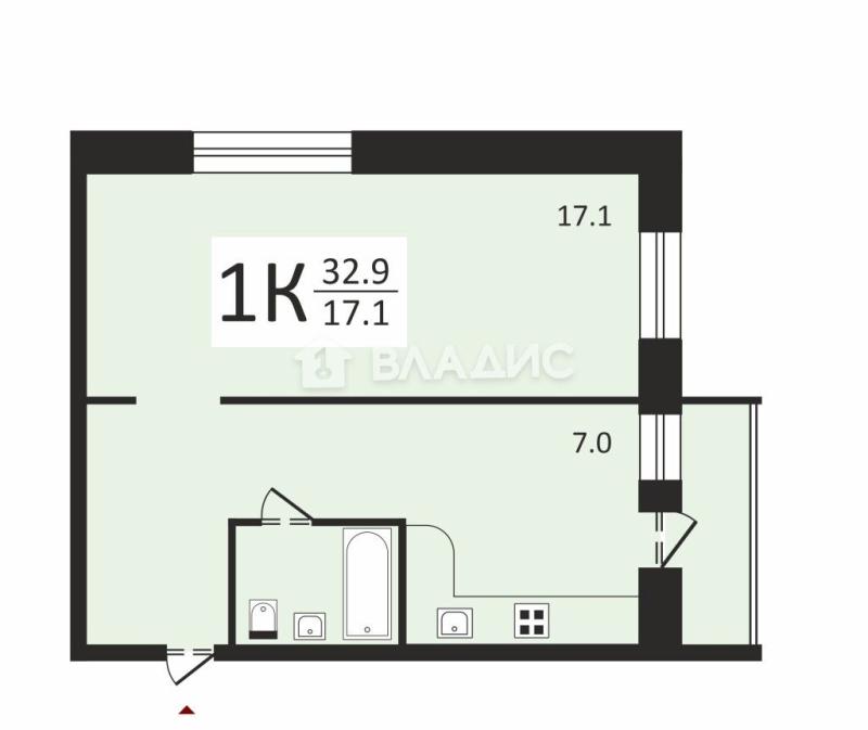 1-комнатная квартира, 32.9 м2