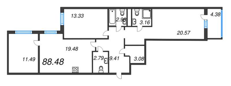 3-комнатная квартира, 91 м2
