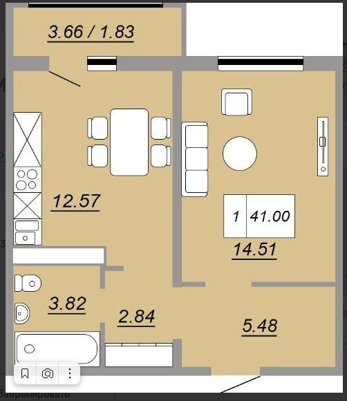 1-комнатная квартира, 41 м2