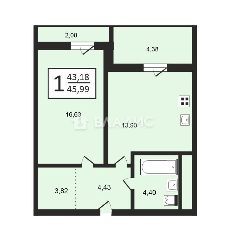 1-комнатная квартира, 46.3 м2