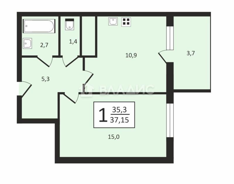 1-комнатная квартира, 39 м2