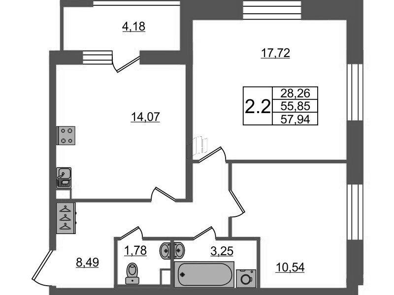 2-комнатная квартира, 55.85 м2