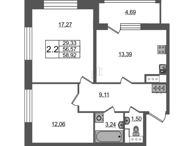 2-комнатная квартира, 56.57 м2