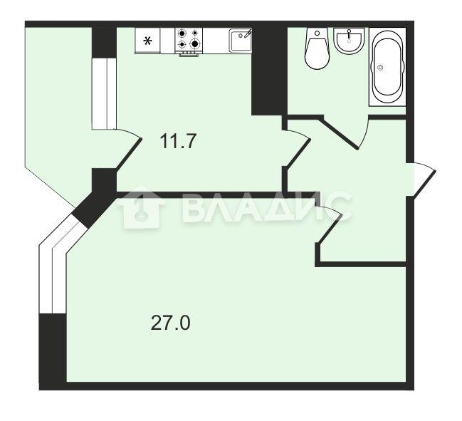 1-комнатная квартира, 49.5 м2