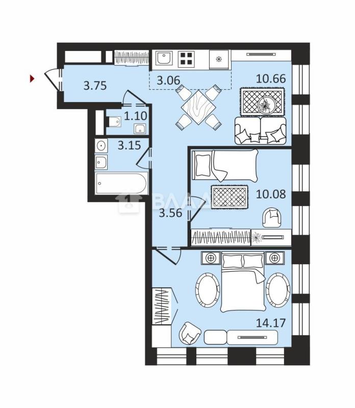 2-комнатная квартира, 49.53 м2