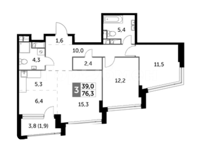 3-комнатная квартира, 76.3 м2