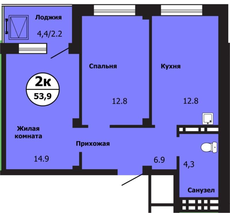 2-комнатная квартира, 53.9 м2