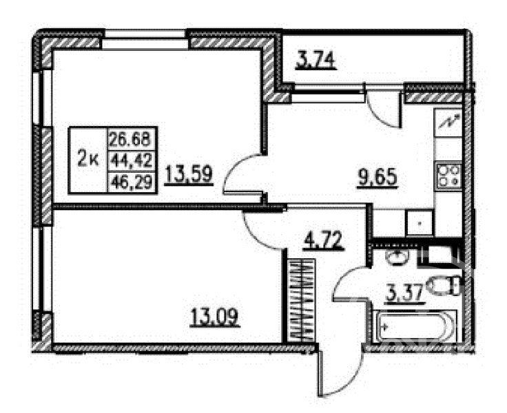 2-комн. квартира, 46.29 м², 8/12 этаж