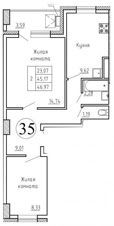 2-комн. квартира, 46 м², 8/16 этаж