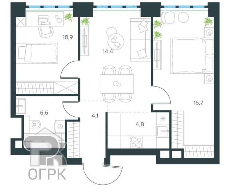 2-комнатная Квартира, 56.4 м2