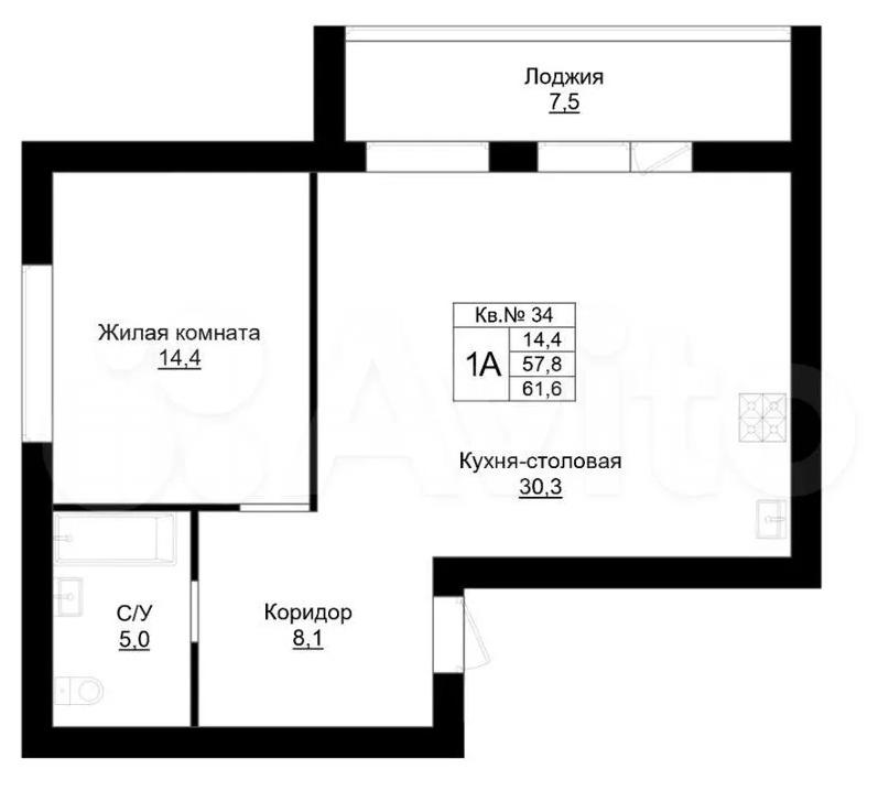 1-комнатная Квартира, 57.4 м2