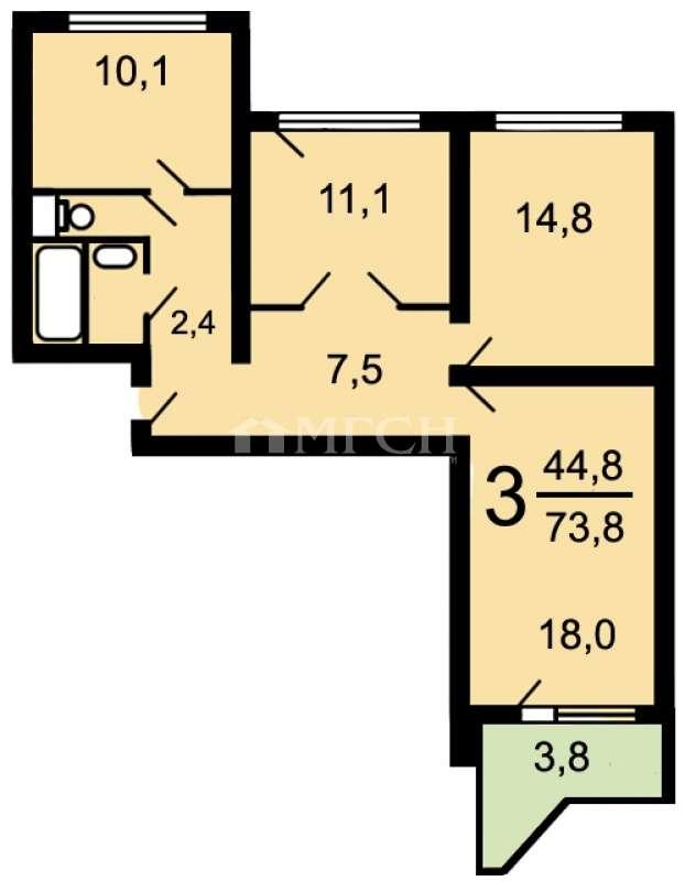 3-комнатная Квартира, 73.8 м2