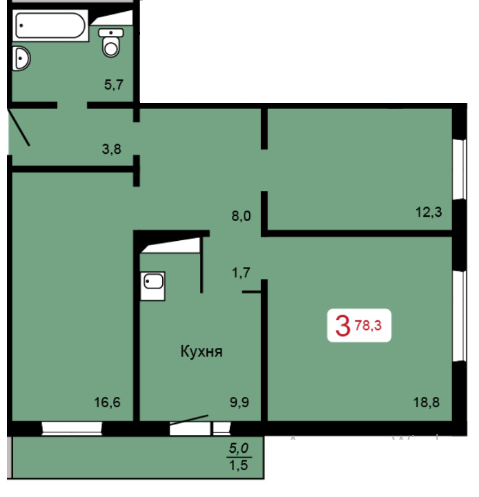 3-комнатная Квартира, 78.3 м2