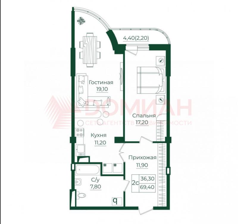 2-комнатная Квартира, 70 м2