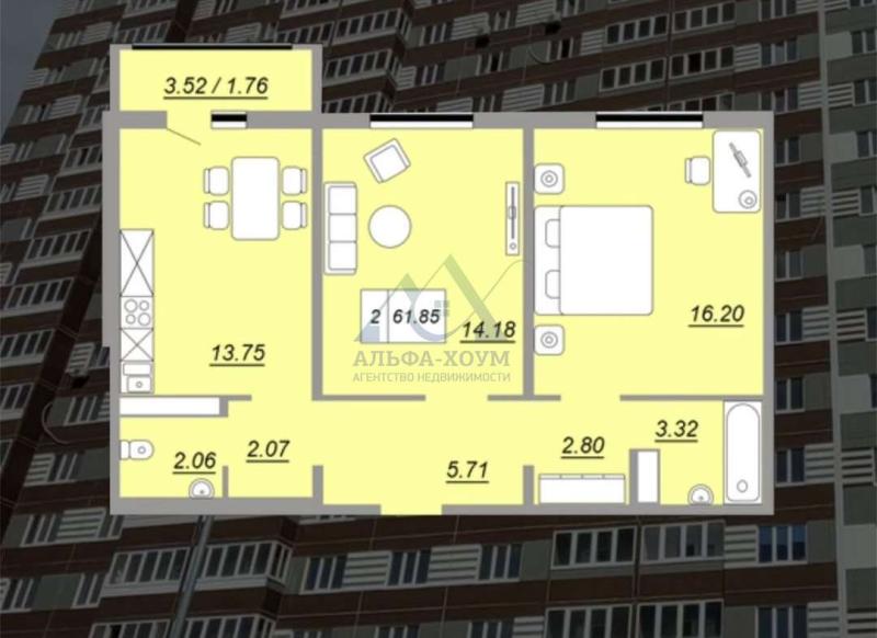 2-комнатная Квартира, 61.85 м2