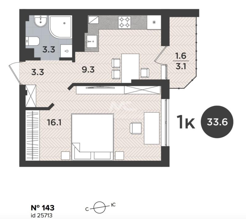 1-комнатная Квартира, 33.6 м2