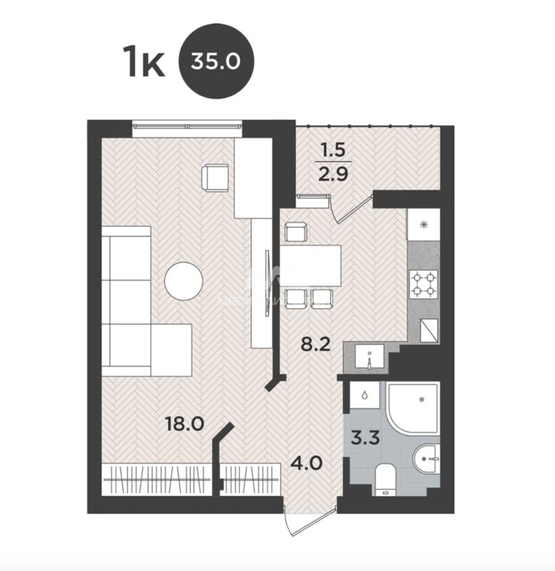 1-комнатная Квартира, 35 м2