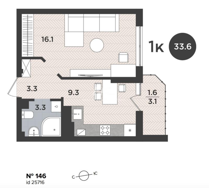 1-комнатная Квартира, 33.6 м2