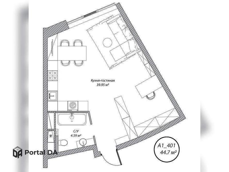 1-комнатная Квартира, 44.7 м2