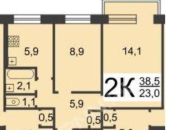 2-комнатная Квартира, 39.2 м2