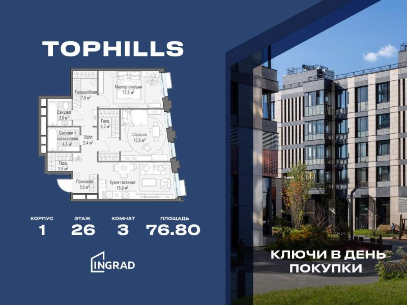 3-комнатная Квартира, 76.8 м2