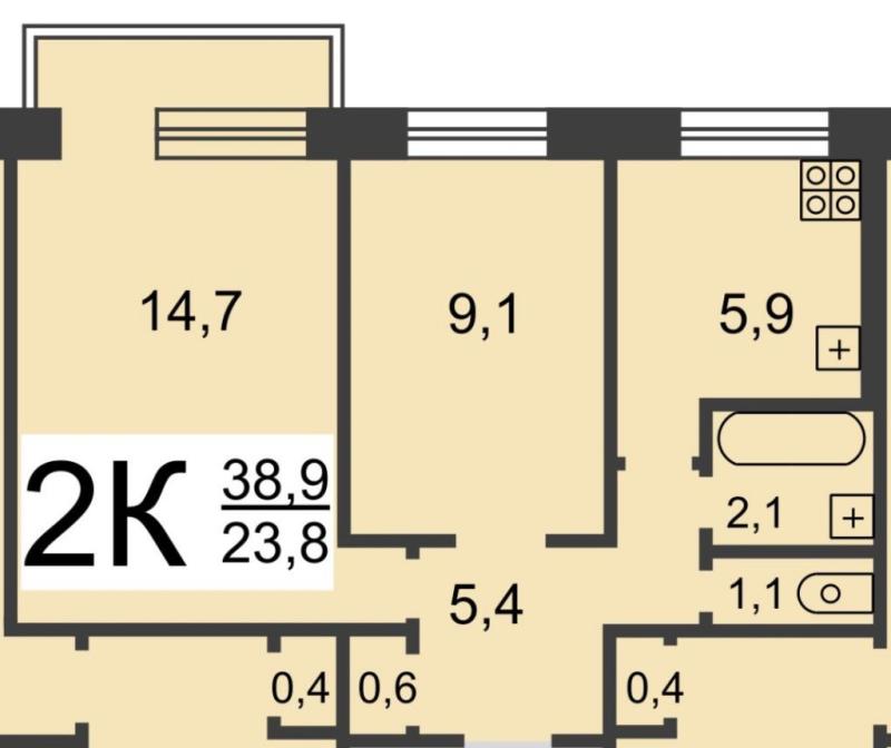 2-комн. квартира, 38.7 м², 5/5 этаж