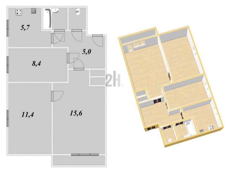 3-комнатная Квартира, 51 м2