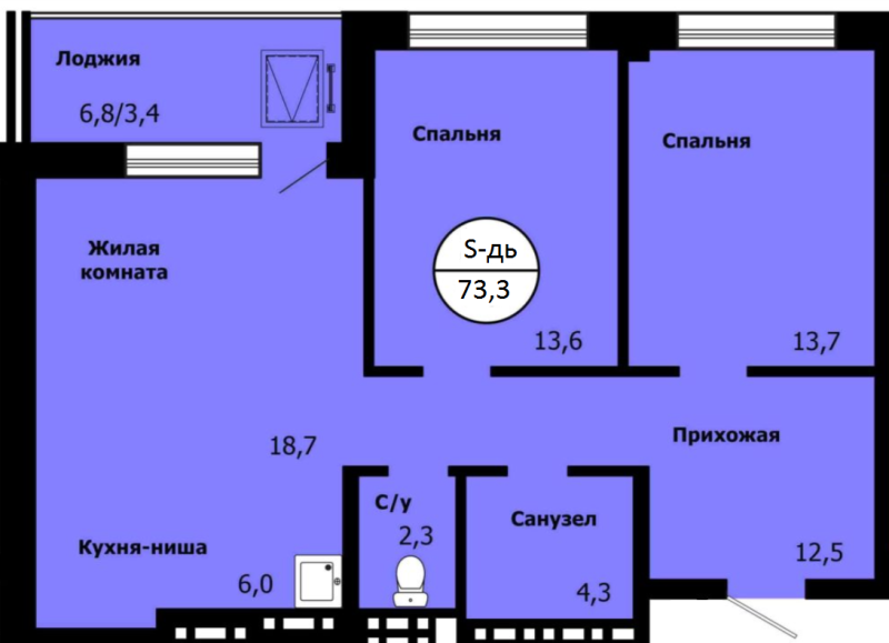 2-комн. квартира, 73.3 м², 3/19 этаж