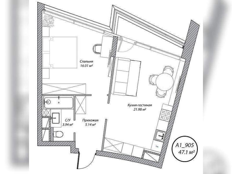 1-комн. квартира, 47.1 м², 9/10 этаж