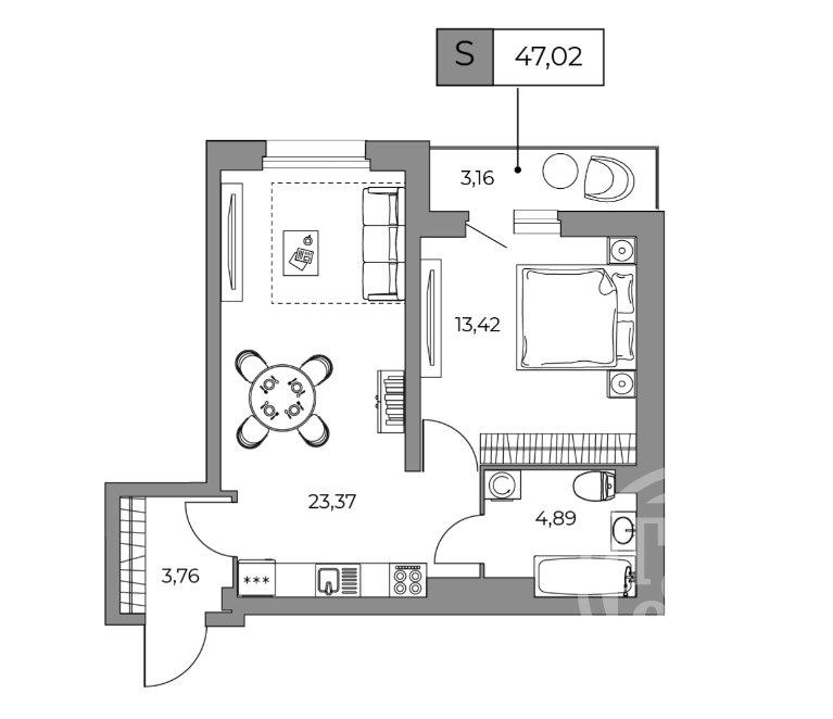 1-комн. квартира, 47 м², 20/24 этаж