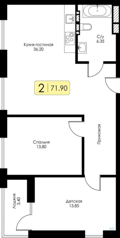 2-комн. квартира, 70.9 м², 10/15 этаж