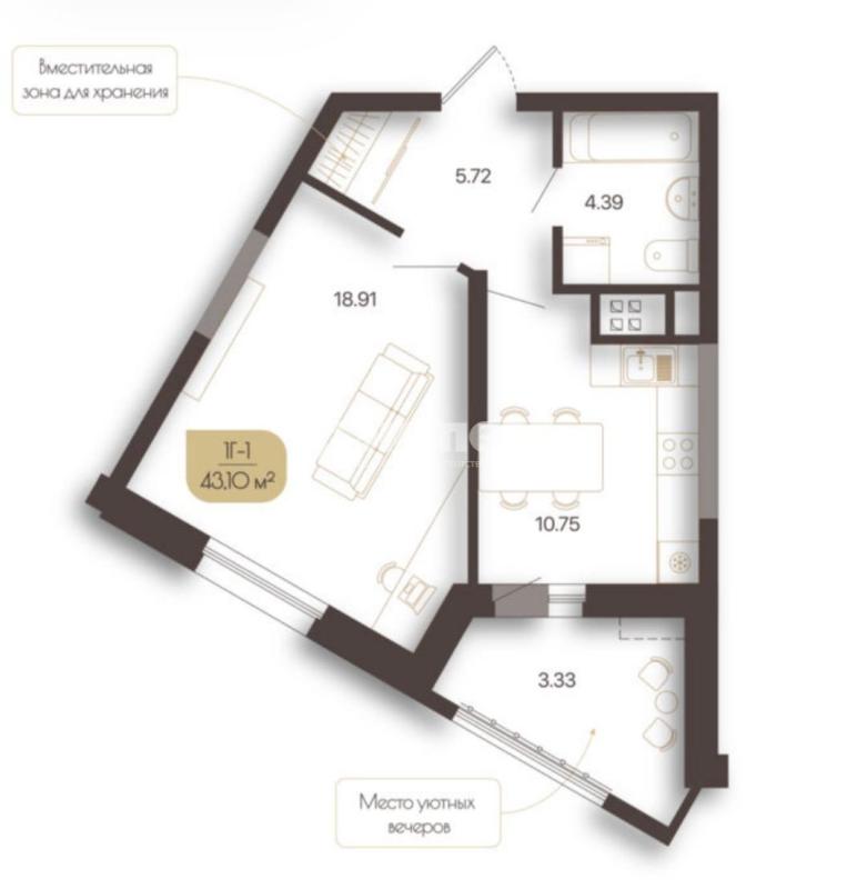 1-комн. квартира, 43 м², 5/20 этаж