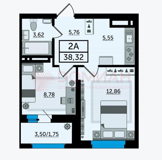 2-комн. квартира, 38 м², 8/22 этаж