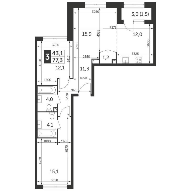 3-комн. квартира, 77 м², 14/28 этаж