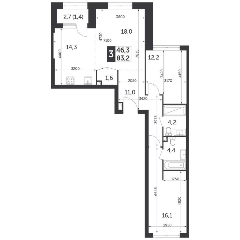 3-комн. квартира, 83 м², 3/37 этаж