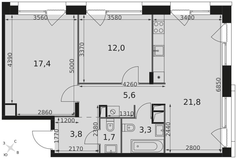 3-комн. квартира, 66 м², 15/17 этаж