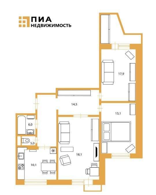 3-комн. квартира, 72 м², 9/17 этаж