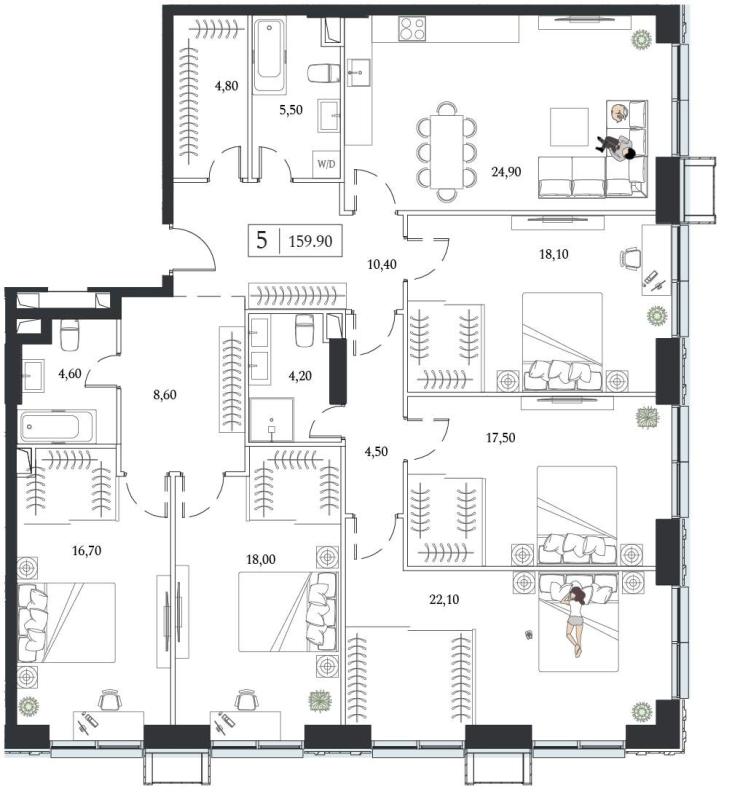 5-комн. квартира, 159 м², 19/24 этаж