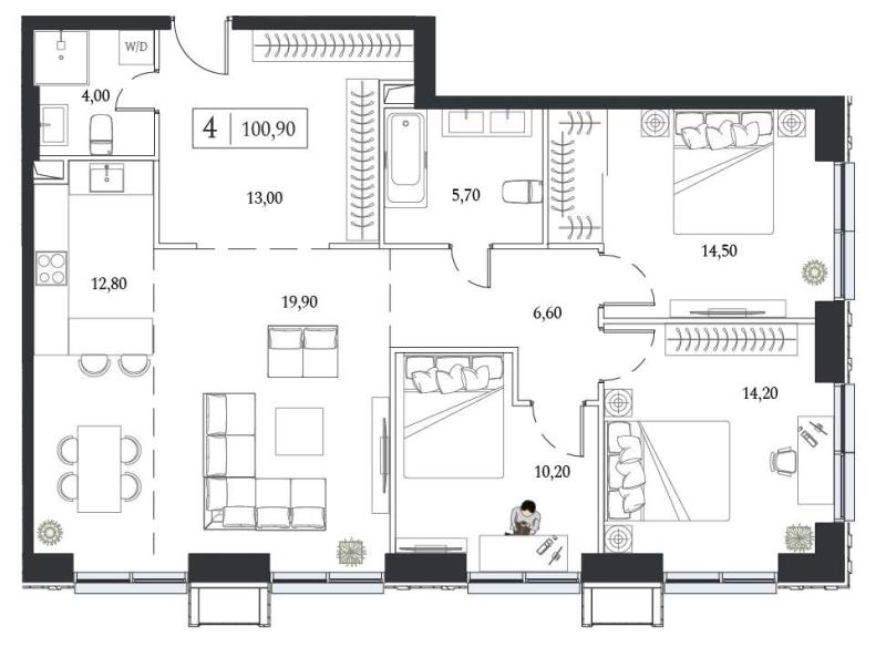 3-комн. квартира, 100 м², 13/24 этаж